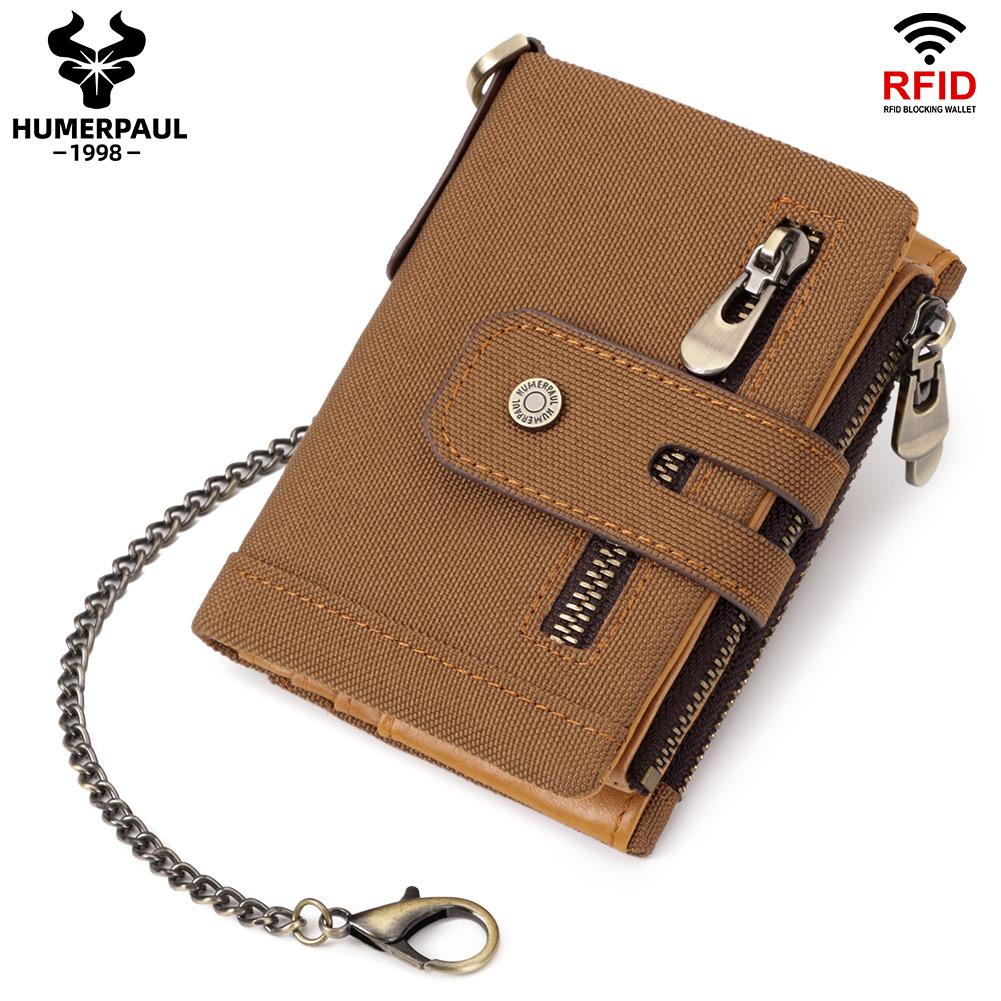 HUMERPAUL Men cowhide wallet Oxford cloth RFID anti-theft credit card bag coin purse with chain wallet with photo window