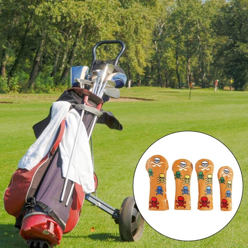 4Pcs PU Leather Golfs Club Head Cover Golfs Driver Headcover Skull Pattern Fairway Wood Headcover Hybrid Head Cover