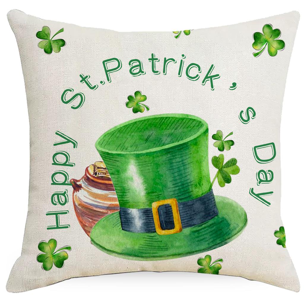 St. Patrick's Day Four-leaf Clover Printed Linen Pillow Cover Festive Home Fabric Sofa Bedside Cushion