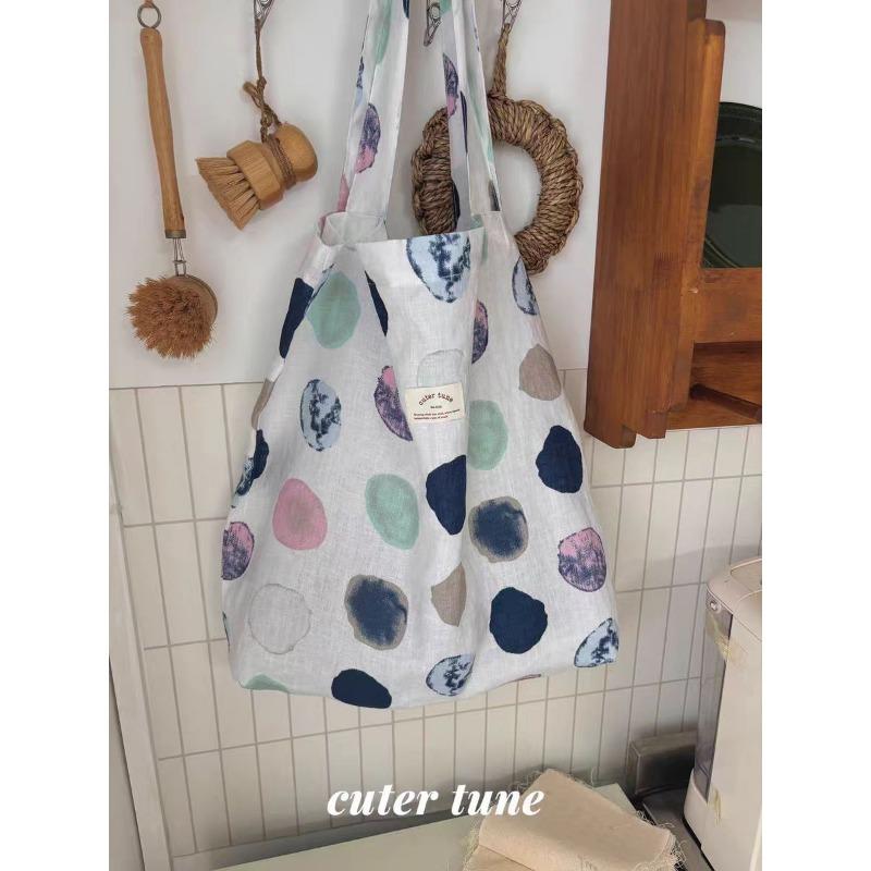 

Cutar tnue ink wash wind polka dot linen bag shoulder tote bag canvas bag lazy large capacity thick shoulder strap