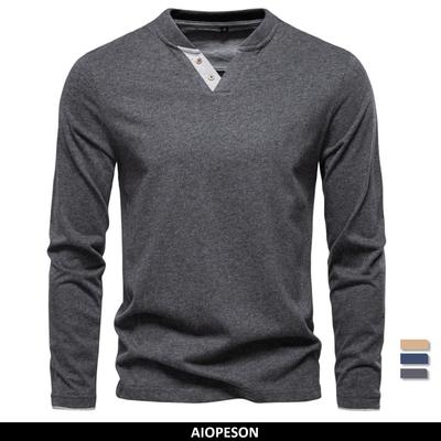 T-shirt Uomo con Colletto Henley Casual Tinta Unita Manica Lunga Moda Autunnale Alta Qualità 100% Cotone Magliette Uomo