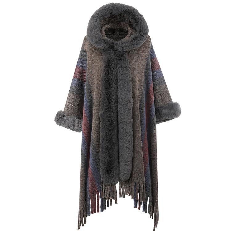 Hooded Rabbit Fur Collar Shawl Cape Plus Size Knitted Hooded Cardigan Loose Coat