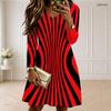 Women Plus Size Scalloped V Neck Long Sleeve Black Printed Dress