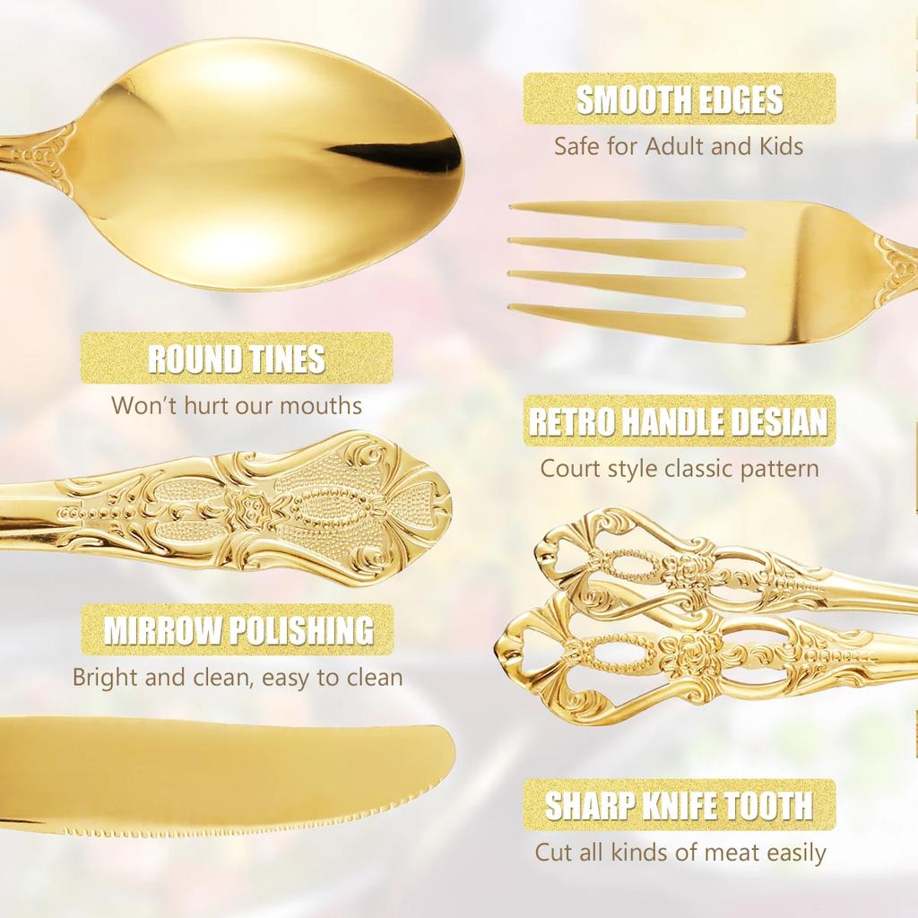 40PCS Gorgeous Retro Royal Flatware Set Stainless Steel Gold Silverware Set Vintage Embossed Kitchen Utensil Kit with Fork Spoon
