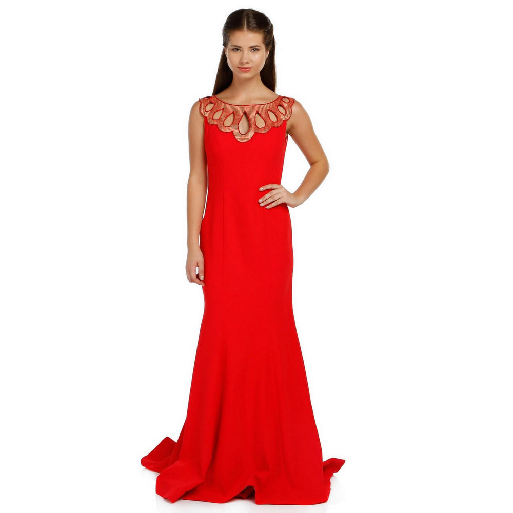 Fierte Kadın Abiye Elbise Azr4383 Yuvarlak Yaka Damla Oyma Krep Balık Yeşil Mercan Kırmızı