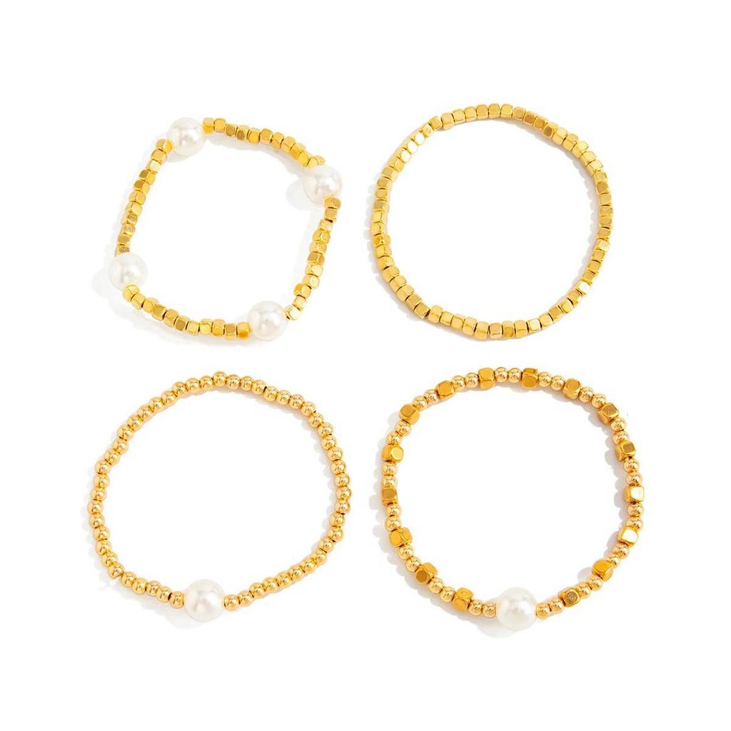 Salircon 4 Pcs/Set Bohemian Imitation Pearl CCB Beaded Bracelets for Women Vintage Handmade Stretch Bangle Couple Trendy Jewelry