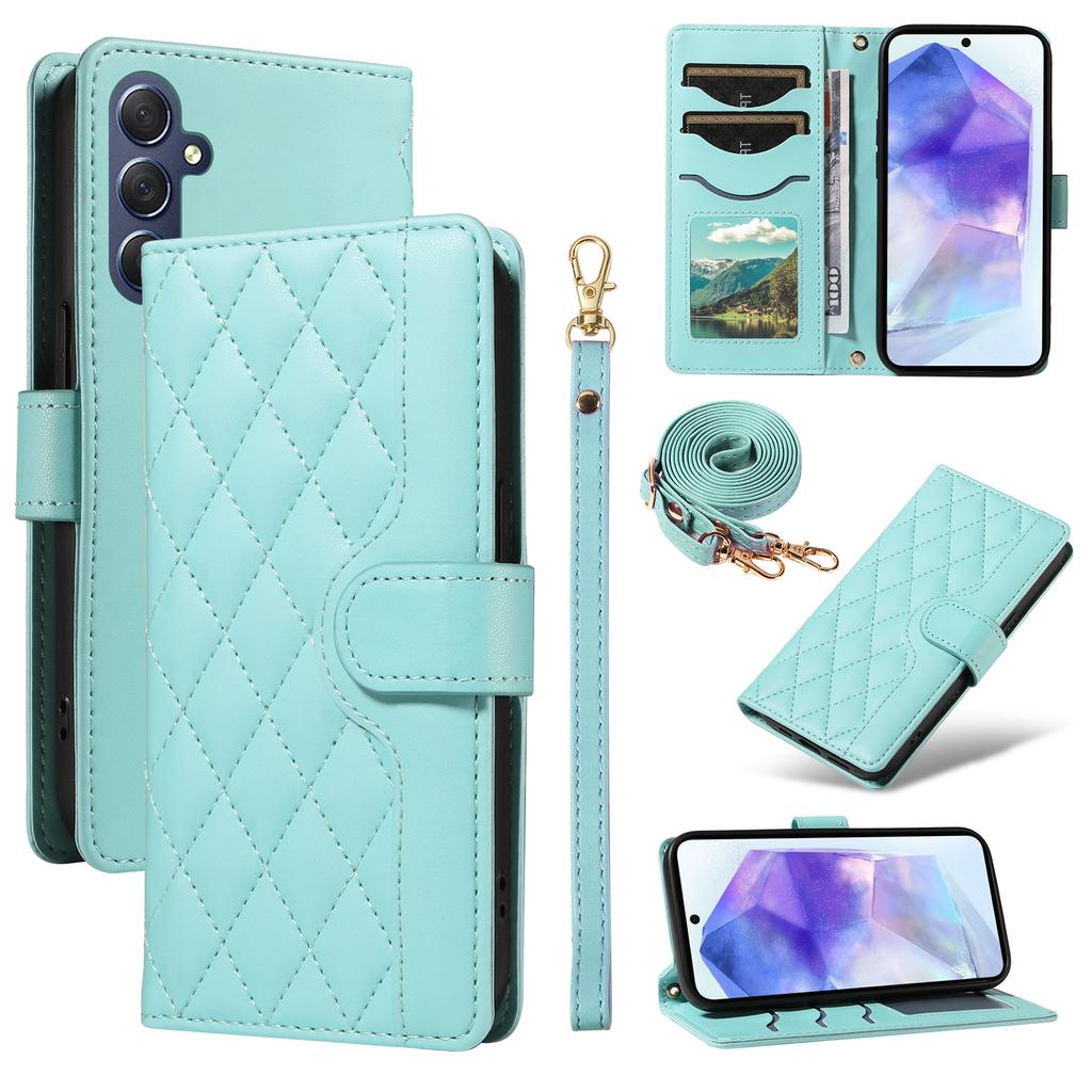 For Samsung Galaxy A55 5G Case Wallet Rhombus Leather Phone Cover with Shoulder Strap,Wrist Strap