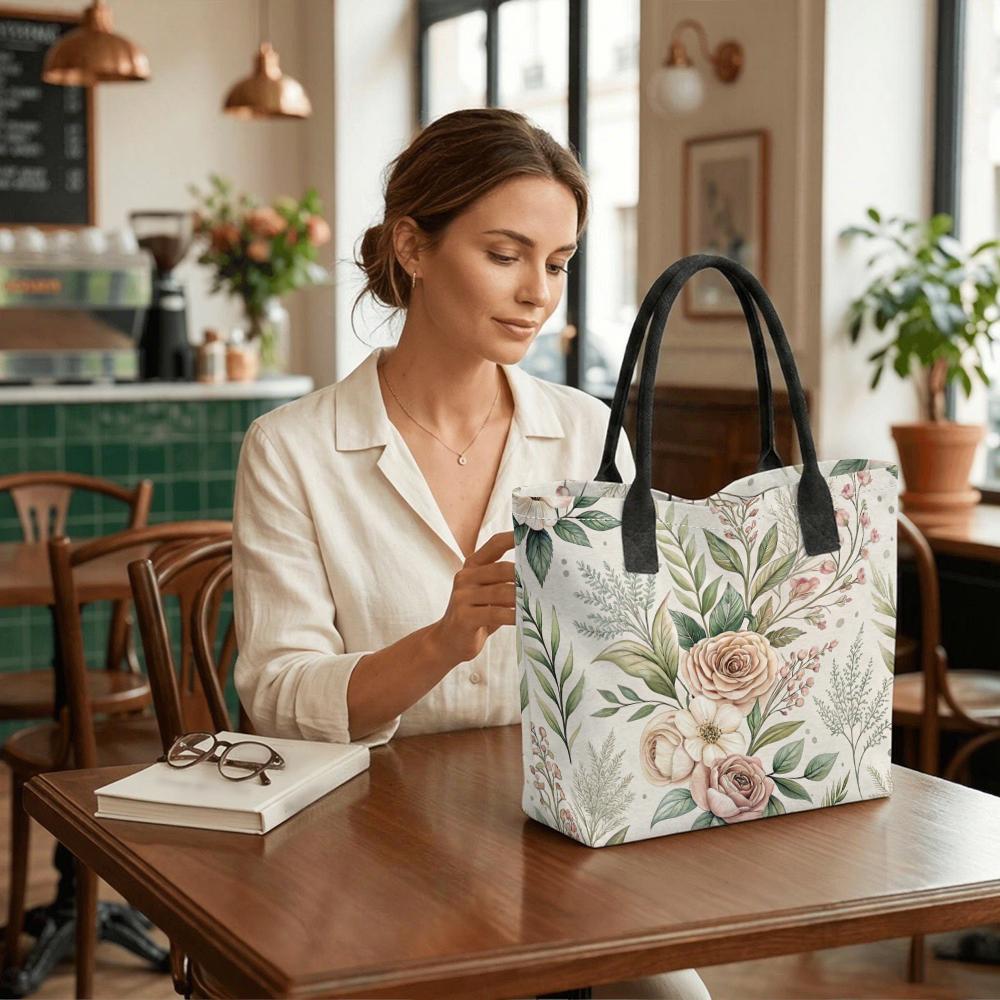 Boho Floral Tote Bag Large Capacity Shoulder Handbag for Daily Shopping