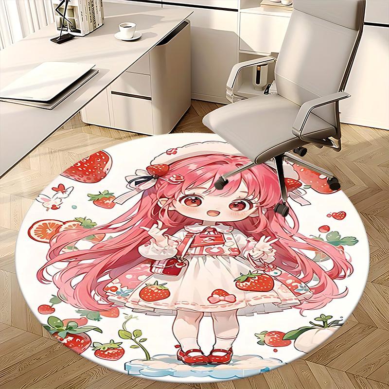 1pc Strawberry Anime Girl Round Carpet Office Chair Mat, Non Slip Rug for Home Decor, Gift, Office, Living Room, Bedroom