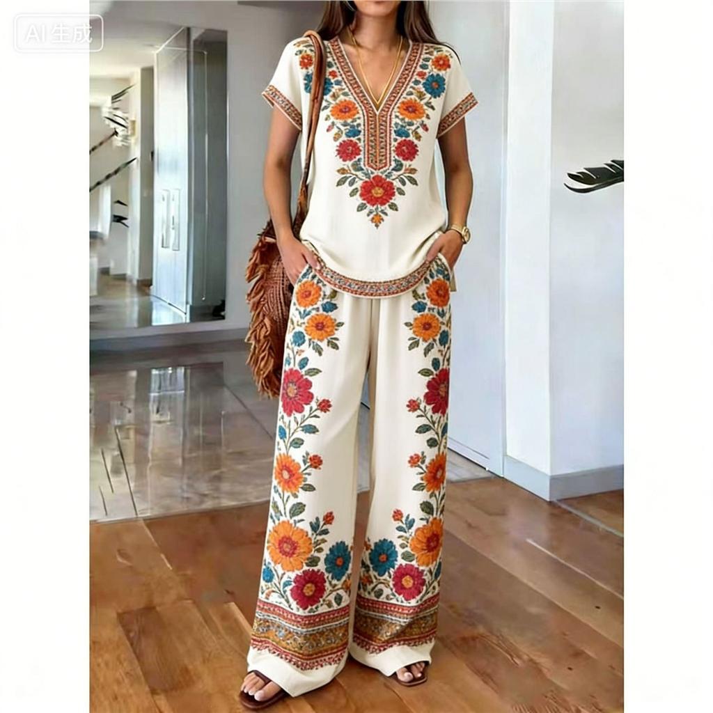 1116 new European and American casual style printing set full of pattern design high waist and wide leg pants two-piece set for women