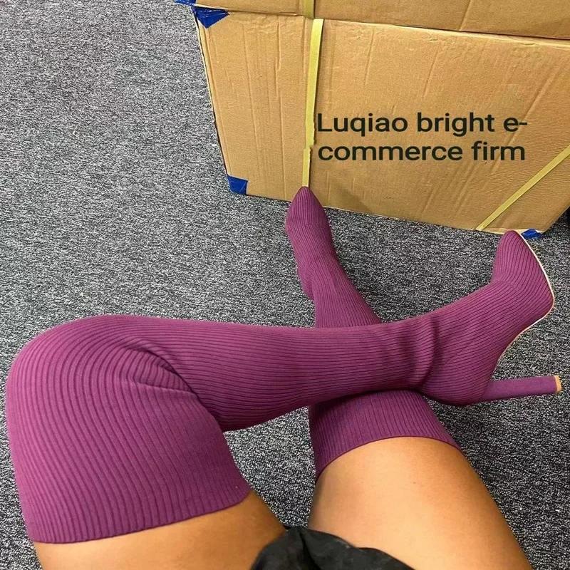 Woman Over The Knee Boots Winter Thigh Knitted Elastic Socks Shoe Warm Sexy Stilettos Heels Pointed Long Boots 36-43 Botas Mujer