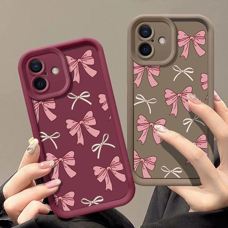 Full Screen Pink Bow Tie Phone Case iPhone 15 Pro Max 11 12 13 16 14 Plus Silicone Shockproof Case Lens Protector Shell