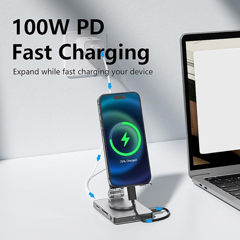 Rotating Aluminum Phone Hub 8 in 1 USB C Docking Station 5Gbps 100W PD Charging Foldable Stand for Multiple Devices