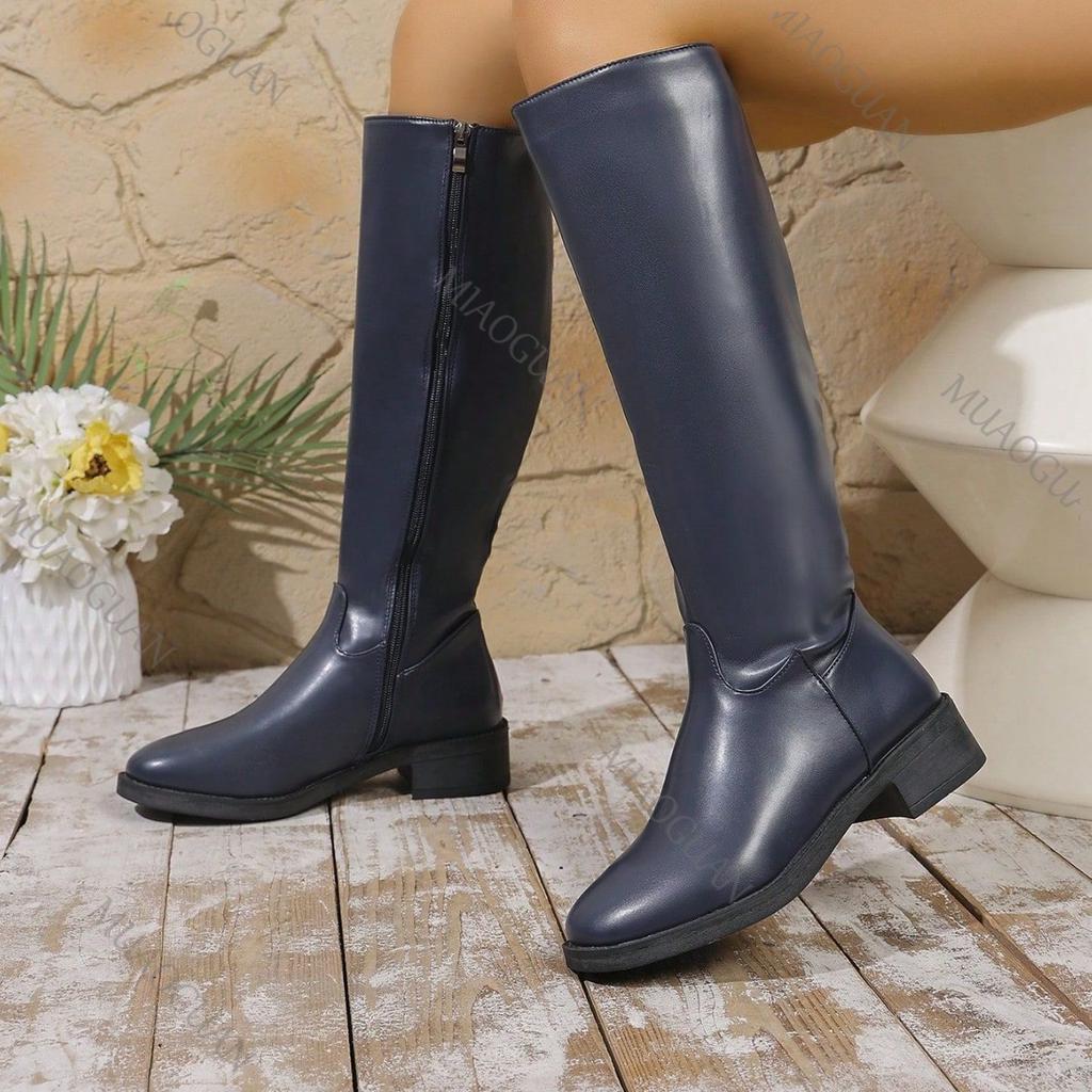 Fashion Round Toe Knight Boots 2025 Autumn Thick Heeled Long Knee High Boots for Women Soft Leather Side Zip Casual Botas Women's Shoes