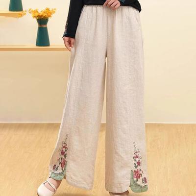 Retro Flower Style Elastic Waist Loose Cotton Linen Pants with Heavy Embroidered Wide Leg Pants for Women