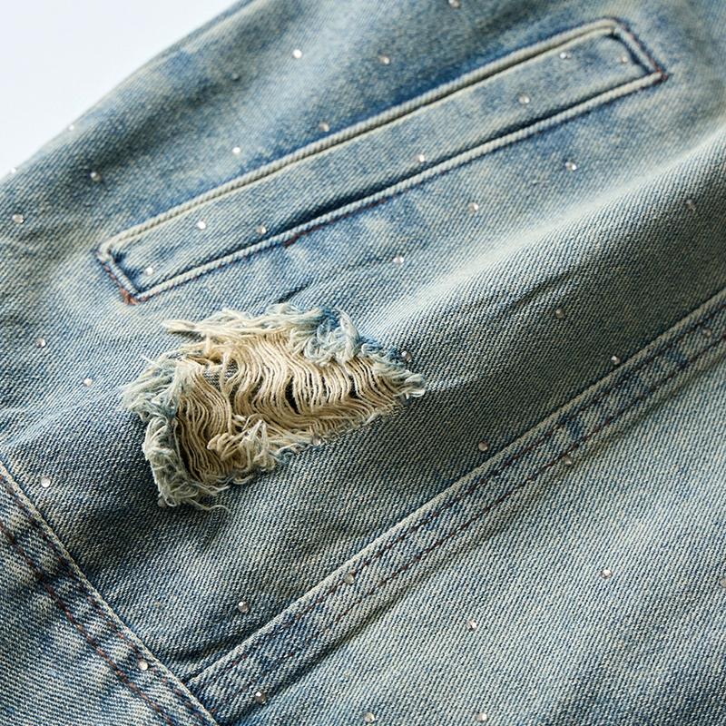 Ripped Holes Denim Waistcoat Men's Sleeveless Denim Jacket with Ripped Holes Pockets Single Breasted Washed Waistcoat for Casual