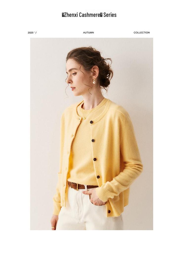 2025 Autumn/Winter Women's Versatile Round Neck Knit Sweater: Casual Solid Color Warm Cardigan.
