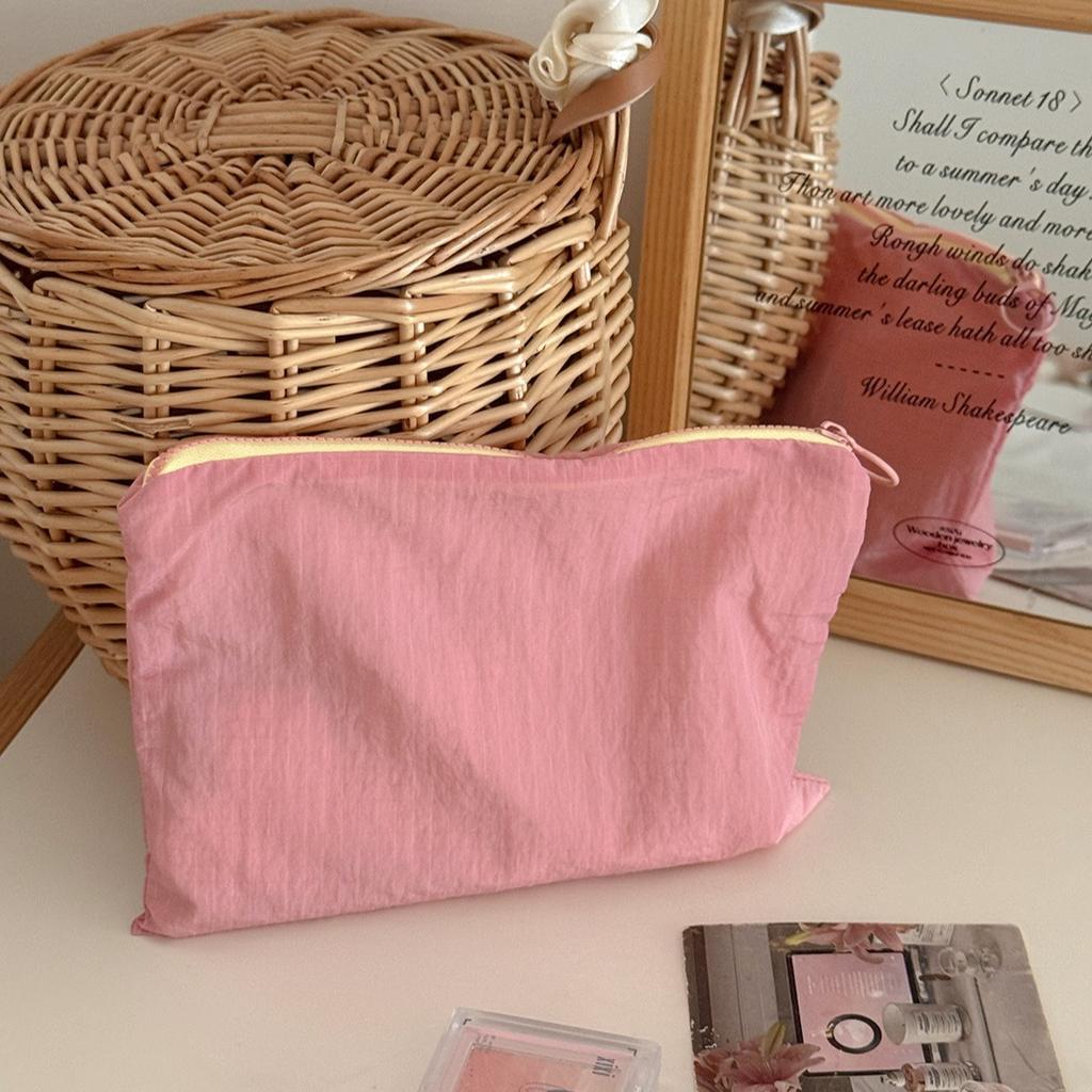 Macaron Nylon Plaid Block Storage Bag, Minimalist Portable Zipper Pouch Travel Toiletry Organizer Bag