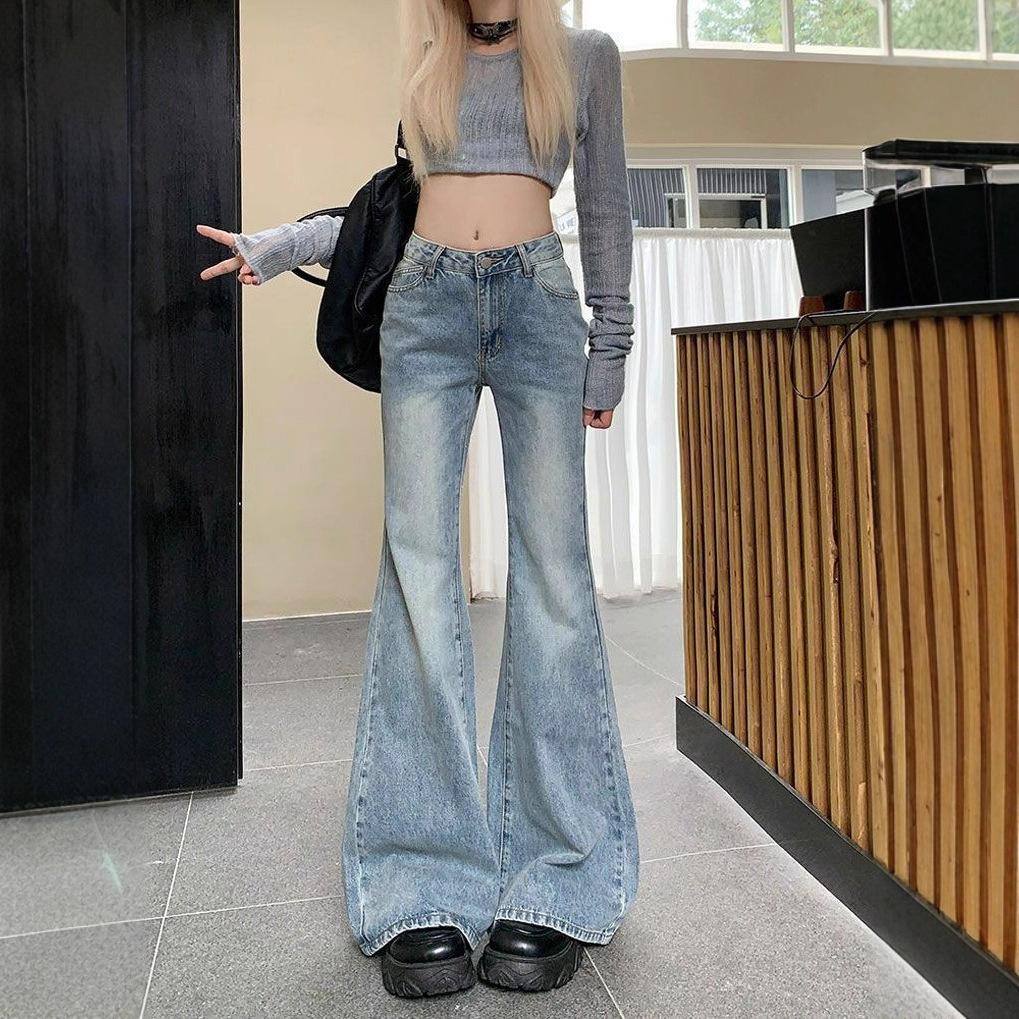 Light Blue Micro Flare Jeans Female Spring High Waist Loose Skinny Retro Wide Legged Dragging Trousers Tide Jeans for Women Long Denim Pants