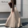 Autumn Winter Women Maxi Long Thick Warm Skirt Elastic Waist Beige Black Brown Knitting Pleated Skirt Elegant Feminine Knitted Skirts Womens