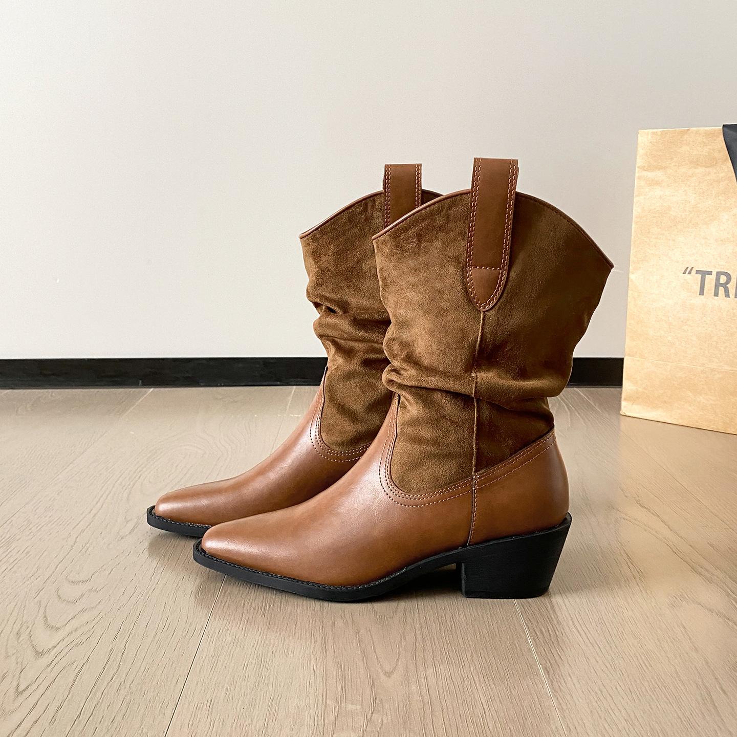 

Cowhide version~ Maillard Knight stacked pointed boots women s autumn and winter thick heel versatile medium tube retro western cowboy boots 35