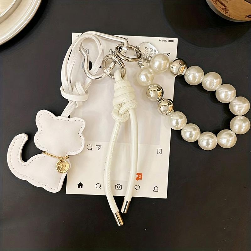1Pcs Handbag Keychain New Imitation Pearl Cat Mobile Phone Chain Gift Hanging Ornament Pendant Women Girls