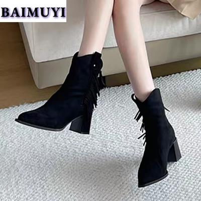 Franje Sexy Puntige Neus Enkellaarzen Dames Hoge Hakken Schoenen 2025 Trend Suède Ontwerper Nieuwe Rits Chelsea Boots Pumps Mujer Botas