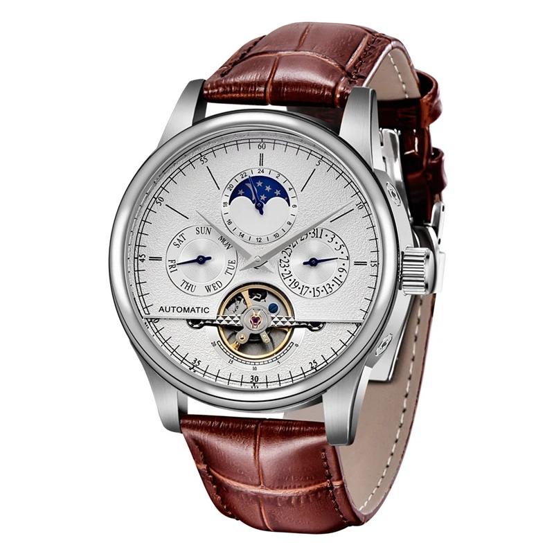 Men Watches Automatic Mechanical Watch Tourbillon Clock Genuine Leather Waterproof Watch Men Military Wristwatch Man серебро белый