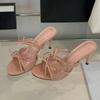 Pantoufles à talons hauts avec nœud doux pour femmes, Sandales d'été à bout rond et bride étroite, Sandales plates élégantes à bout ouvert, Chaussures pour femmes