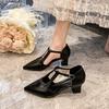 Summer New Leather Versatile Hollow Pointed Shoes Retro Temperament Thick Heel Bag Head Sandals Women