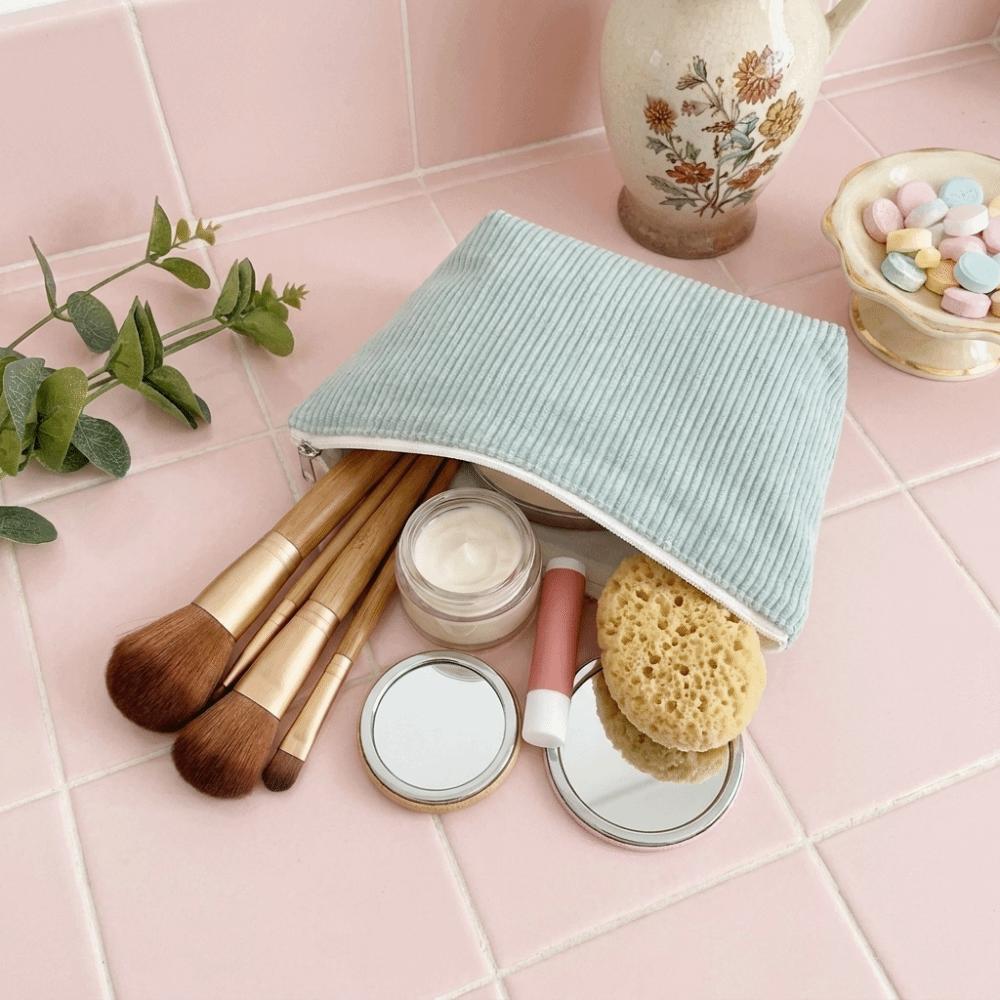 Durable Corduroy Cosmetic Organizer Pouch Portable Zipper Toiletry Bag Storage Bag Travel Use