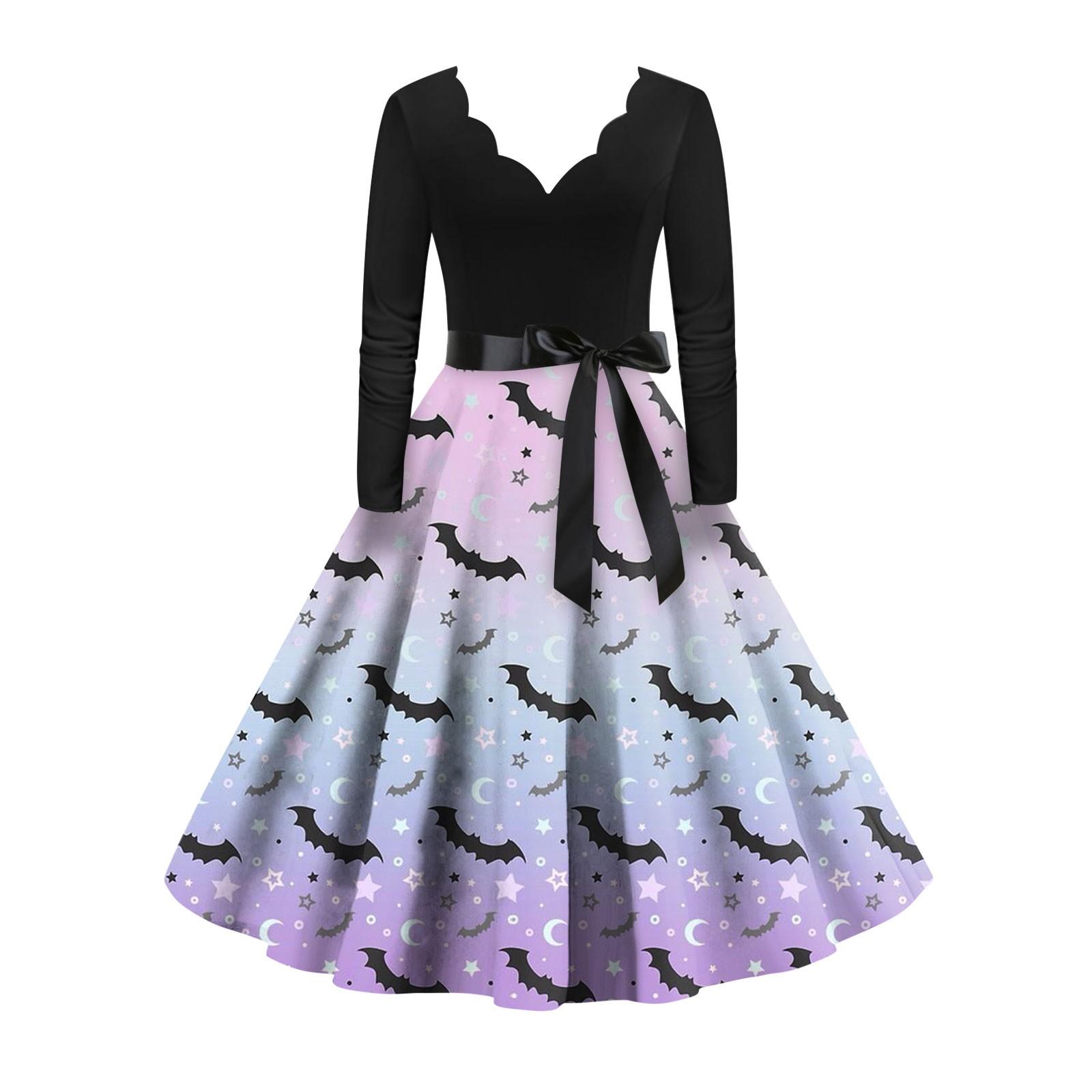 

Женское винтажное классическое платье с длинным рукавом и v-образным вырезом с принтом на Хэллоуин, свободное платье S