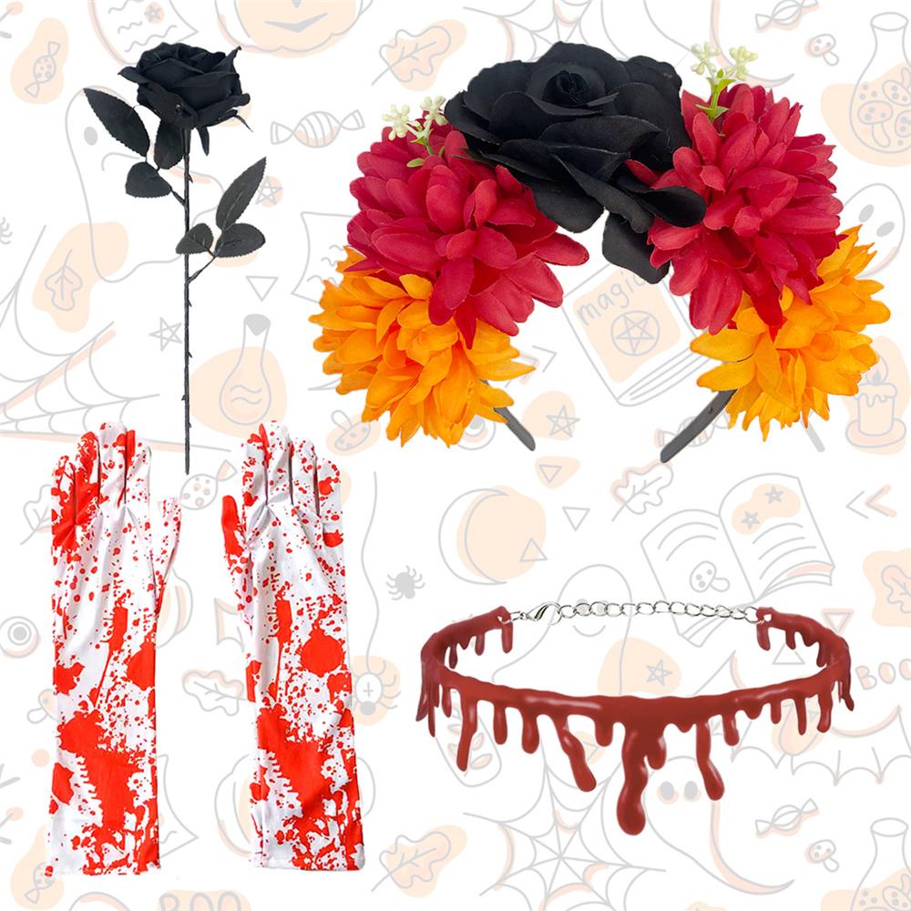 4-Piece Set Halloween Party Costume Rose Flower Headband Novelty Horror Necklace Gloves  for Women