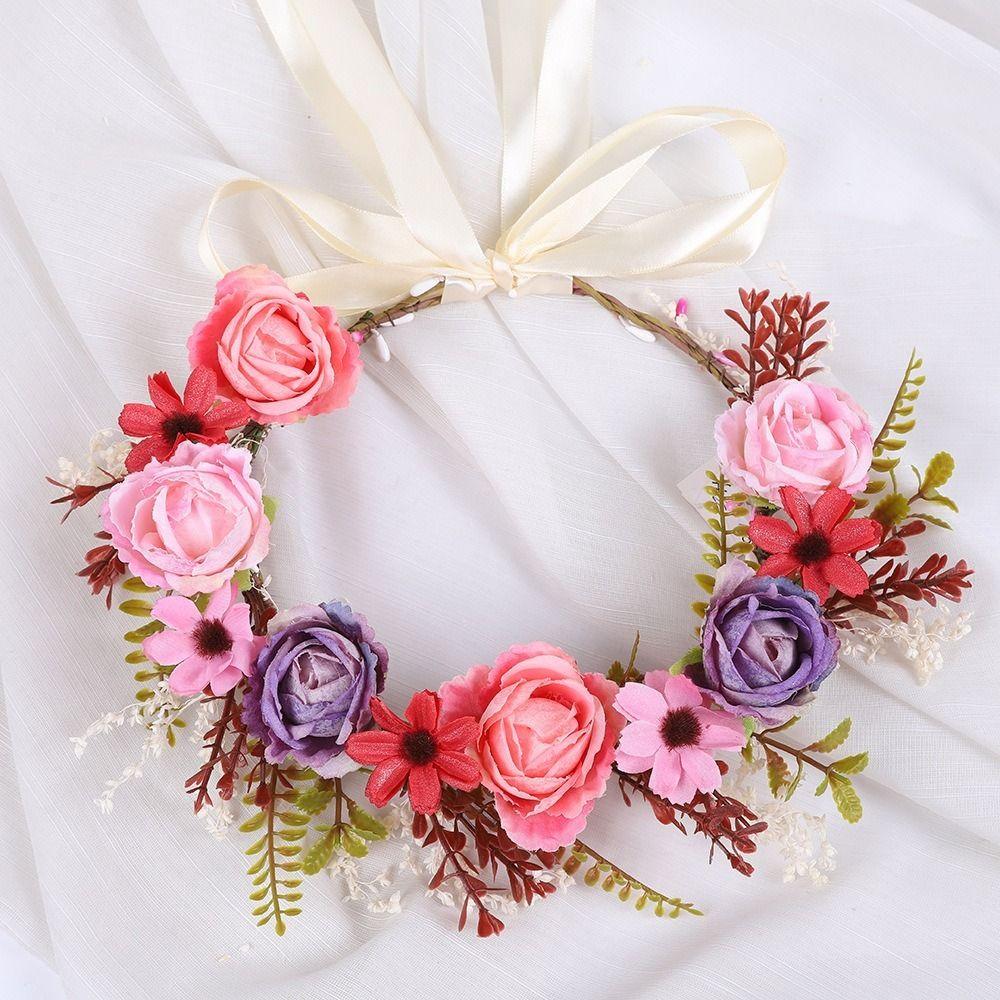 Adjustable Ribbon Artificial Flower Headband Fabric Garland Flower Crown Bridal Wedding