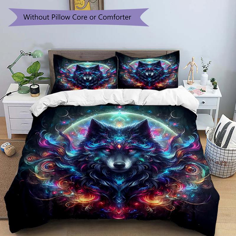 3pcs Psychedelic Journey Wolf Printed Quilt Set - Soft and Comfortable Quilt Cover for Bedroom, Guest Room and Dormitory
