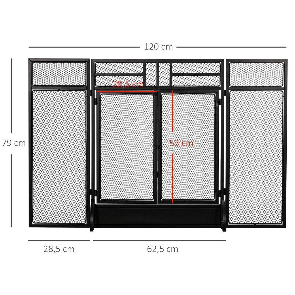 Spark guard protective grille for fireplace fire screen safety barrier 3 folding panels and door 120 x 79 cm