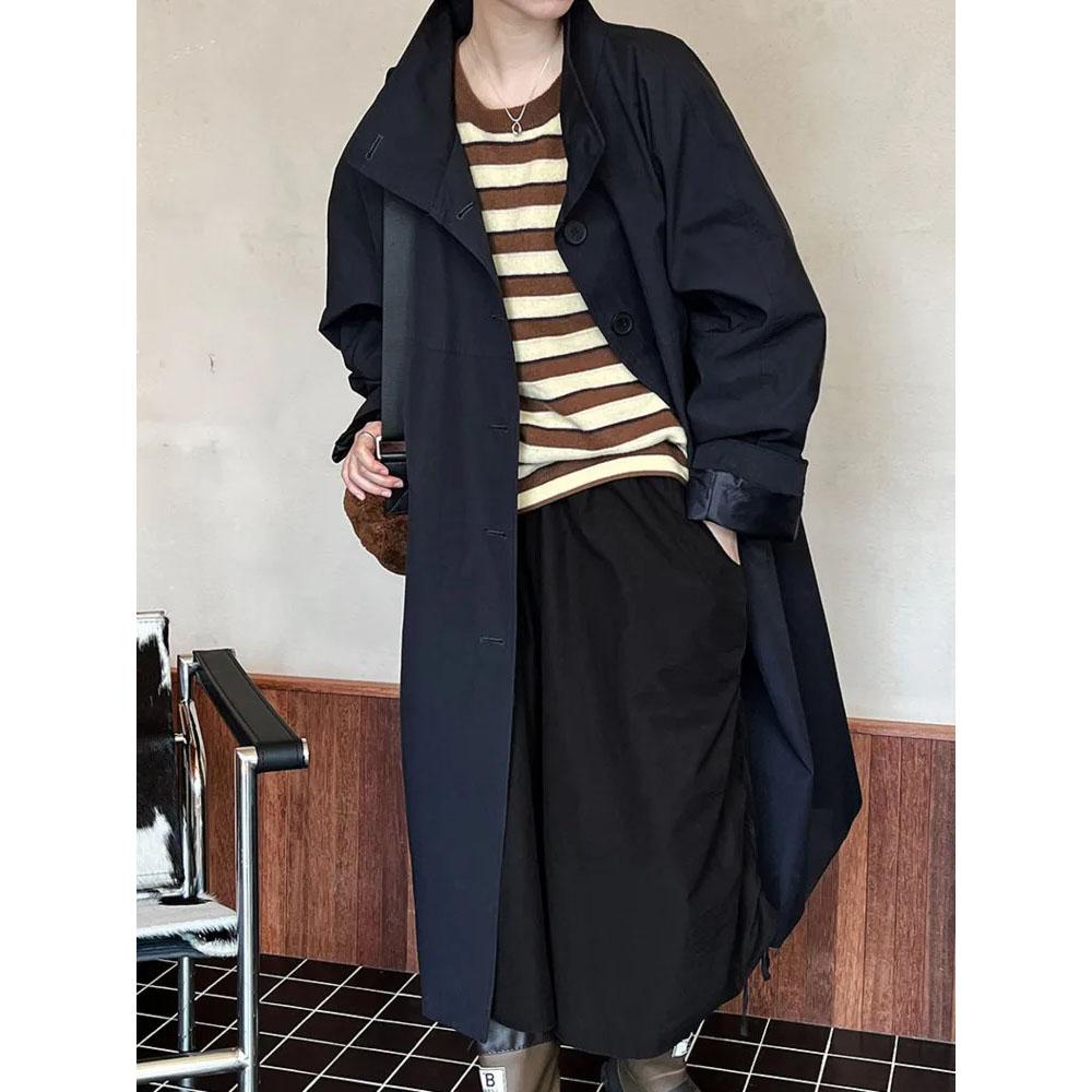 

Модный тренчкот в европейском стиле с воротником-стойкой, однобортный, свободный, длинный, повседневный, женский, весна-осень M темно-синий