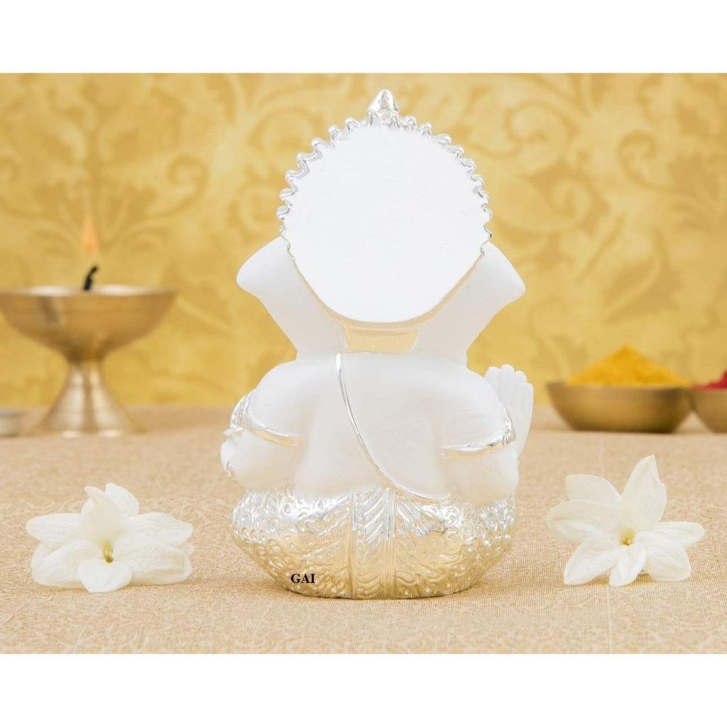 Silver Plated White Ganesha for Car Dashboard Home Decor Gifting Diwali Birthday Festivals 3.5 X 2 Inches