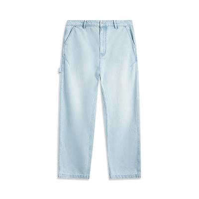 Li Ning Sports Lifestyle Series American Vintage Casual Simple Solid Color Early Spring Straight Leg Jeans Men Jeans Washed-Blue AJQV005-2