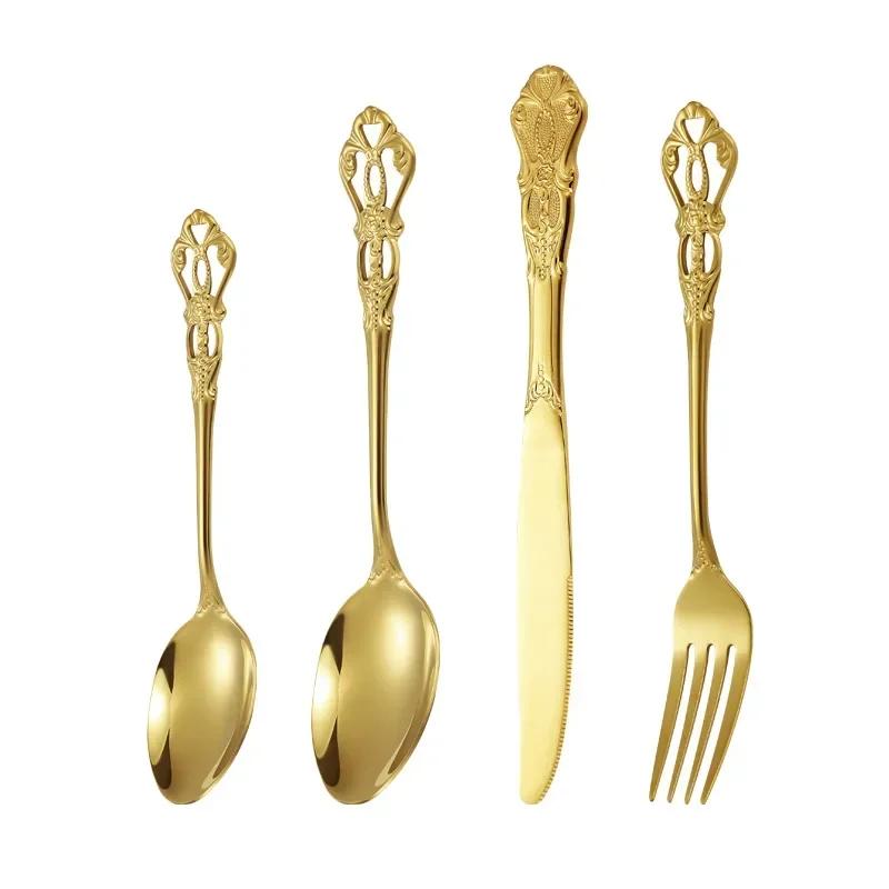 European Style Stainless Steel 4pcs Dinnerware Set - Retro Hollow Design Gold Spoon, Fork and Royal Steak Knife for Home Decor