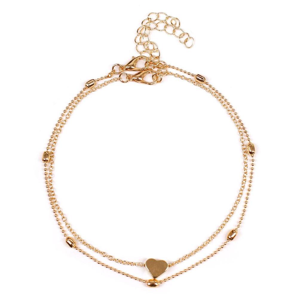 Retro Double-Layer Heart Anklet with Round Bead Chain - Women's Beach Foot Jewelry