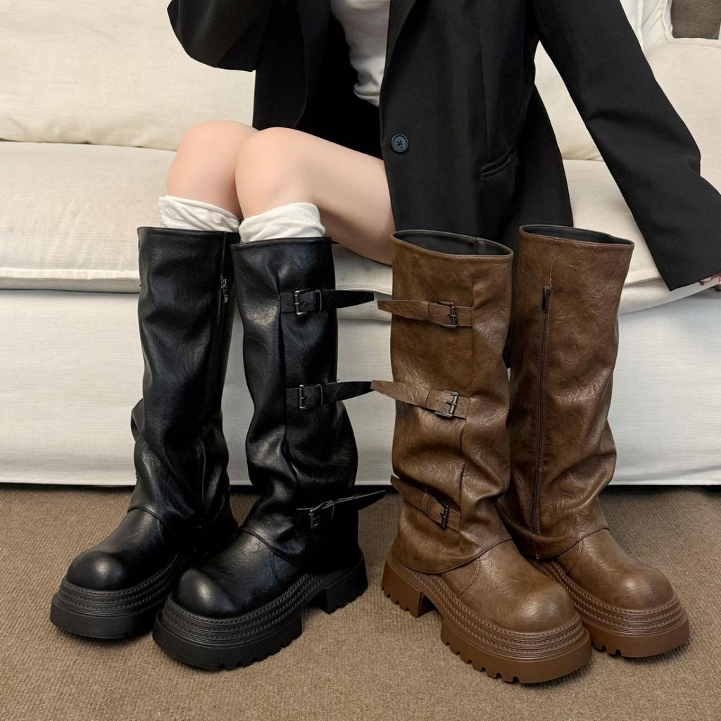 Height-increasing tall tube fashion women's boots pleated locomotive retro pile up but knee boots belt buckle thick-soled leather boots none