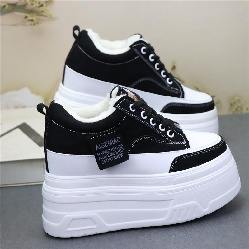 Fashion 12CM Cow Genuine Leather Platform Wedge Causal Autumn Warm Fashion Thick Bottom Women Chunky Sneakers Winter Plush Shoes