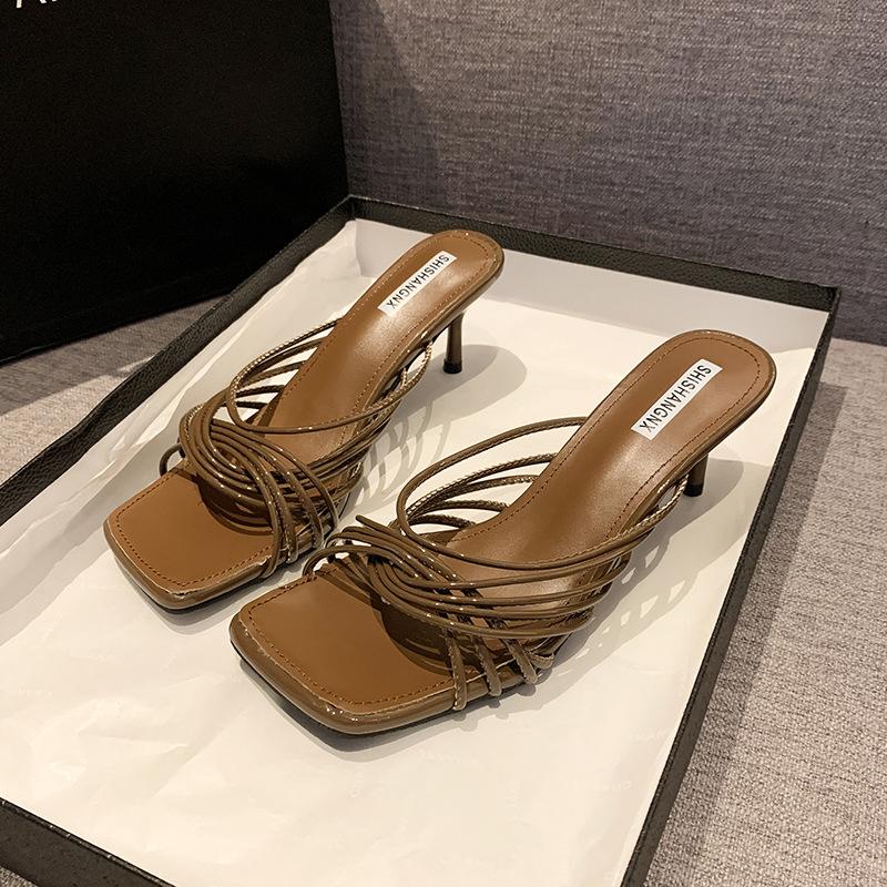 New square head crossed thin strap high heel cool slippers femininity thin heel open toe slippers outer wear