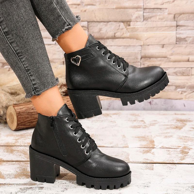 Fashion 2025 Women Boot New Spring Winter High Quality Lace-up Boots Women Fashion Outdoor Comfort High Heels Shoes Women Botas De Mujer