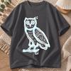 2026 New Pure Cotton Tshirt Handpainted Owl Print Crew Neck Short Sleeve Casual Top
