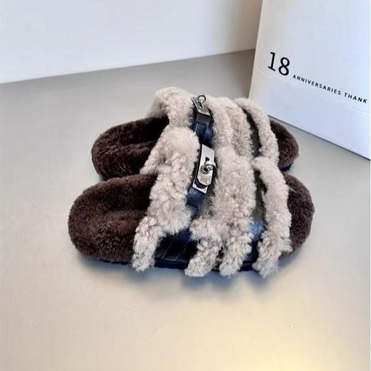European metal buckle open-toed fluffy slippers women's 2025 new comfortable and lightweight one-pedal thermal slippers