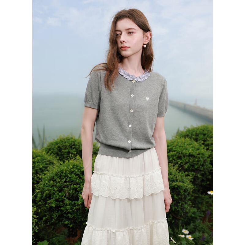 

Sancai 2025 Летний Вязаный Кардиган с Коротким Рукавом, Вышивкой Сердец и Отделкой Рюшами S