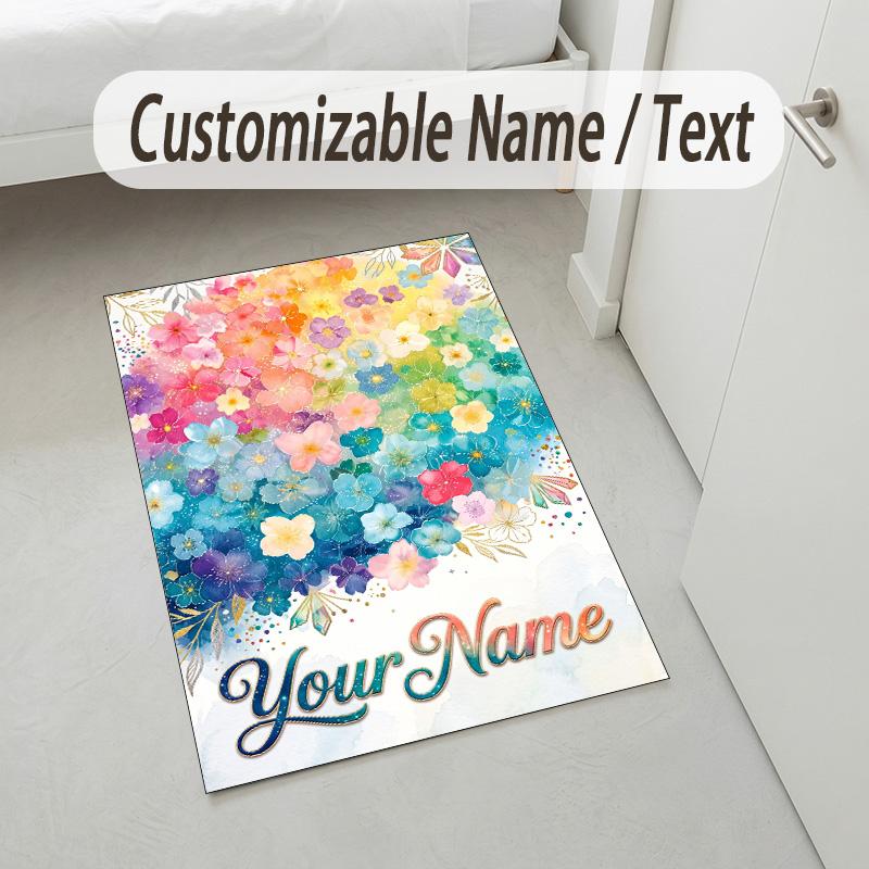 Rainbow Dreams Theme Soft Crystal Velvet Rug Custom Name & Text Print Non Slip Floor Rug for Bedroom Living Room