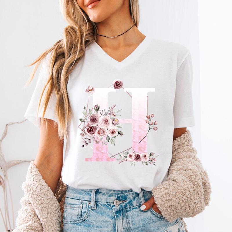 New Unisex T Shirt AZ Name Letter Print Short Sleeve Tee Letters ABCD Casual Tops Tees Floral Initial Unisexs VNeck TShirt